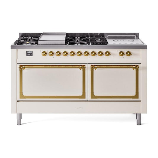 Ilve UN60FSQNMPAWGLP Ilve Un60Fsqnmpawglp Nostalgie Ii Noblesse 60" Dual Fuel Range (7 Sealed Burners + Griddle + French Top, Liquid Propane, Solid Door, Antique White, Brass)