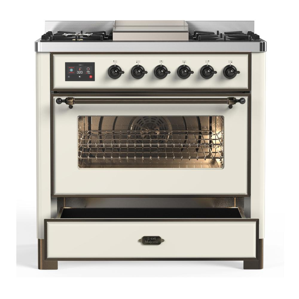 Ilve UM36FNR3AWB Ilve Um36Fnr3Awb Majestic Iii 36 Inch Dual Fuel Range With 6 Black Brass Burners And Griddle, Dual Function Burner Up To 25,000 Btu (Triple Glass Door, Antique White, Burnished, Natural Gas)