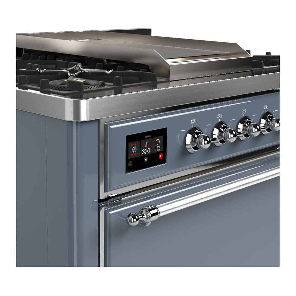 Ilve UM36FQNR3BGC Ilve Um36Fqnr3Bgc Majestic Iii 36 Inch Dual Fuel Range With 6 Black Brass Burners And Griddle, Dual Function Burner Up To 25,000 Btu (Solid Door, Blue Grey, Chrome, Natural Gas)