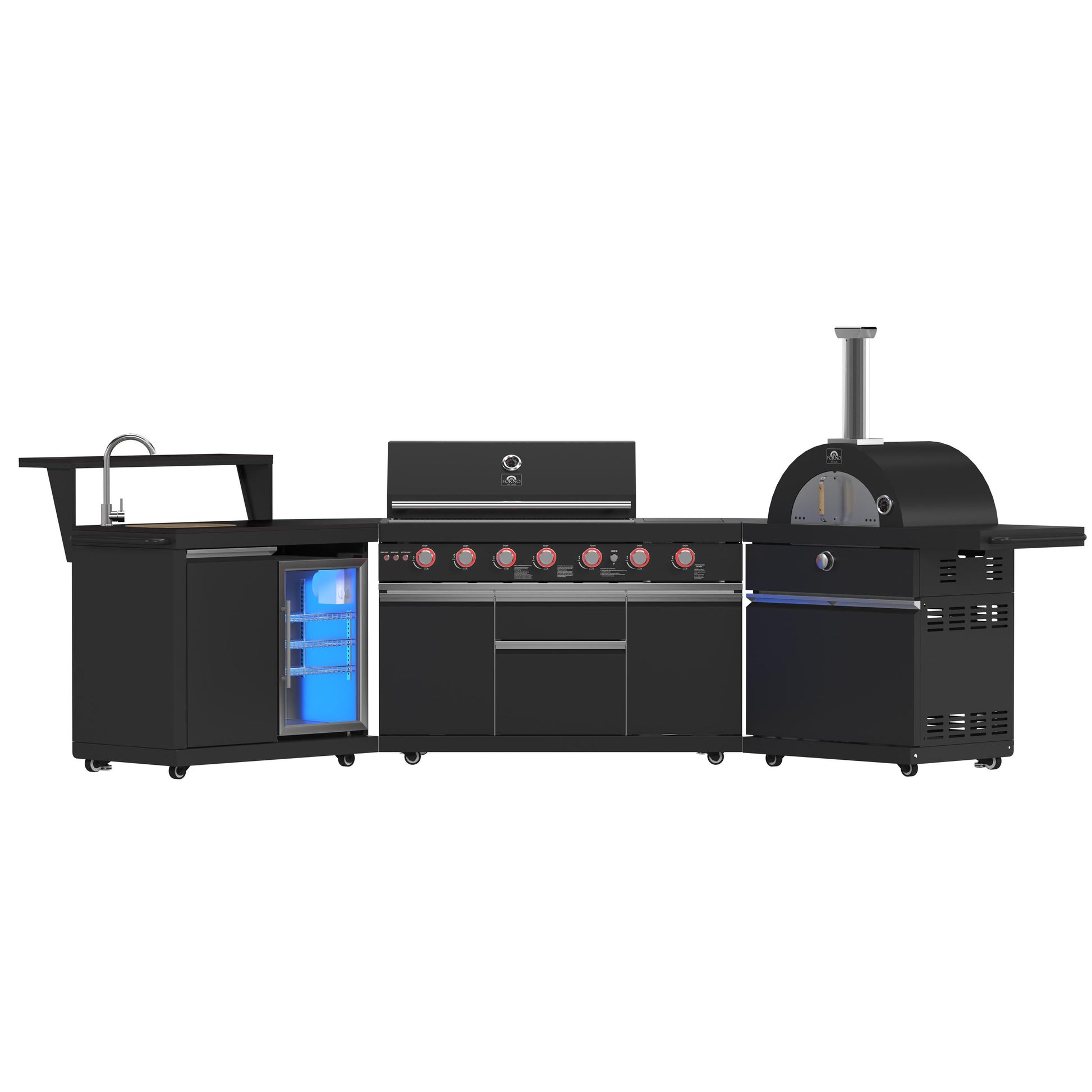 Forno FODKT2551BLK Forno All Aperto 87,600 Btu Outdoor Kitchen, 4 Burners, Infrared Burners, Side Burner, Black Sintered Stone Countertops, Gas Pizza Oven, Sink Module, Bar & Beverage Center