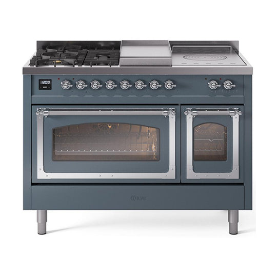 Ilve UN48FSNMPBGCLP Ilve Un48Fsnmpbgclp Nostalgie Ii Noblesse 48" Dual Fuel Range (5 Sealed Burners + Griddle + French Top, Liquid Propane, Triple Glass Door, Blue Grey, Chrome)
