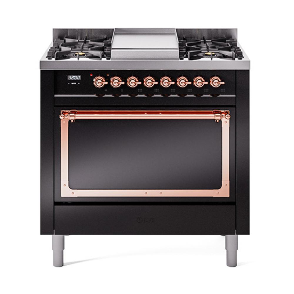 Ilve UN36FQNMPBKP Ilve Un36Fqnmpbkp Nostalgie Ii Noblesse 36" Dual Fuel Range (Natural Gas, Solid Door, Glossy Black, Copper)