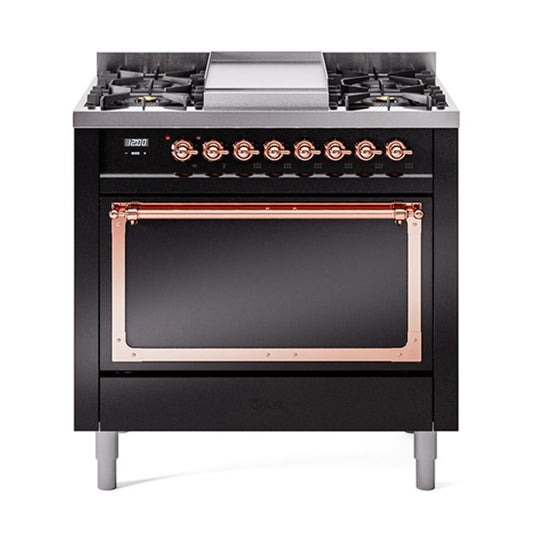 Ilve UN36FQNMPBKP Ilve Un36Fqnmpbkp Nostalgie Ii Noblesse 36" Dual Fuel Range (Natural Gas, Solid Door, Glossy Black, Copper)