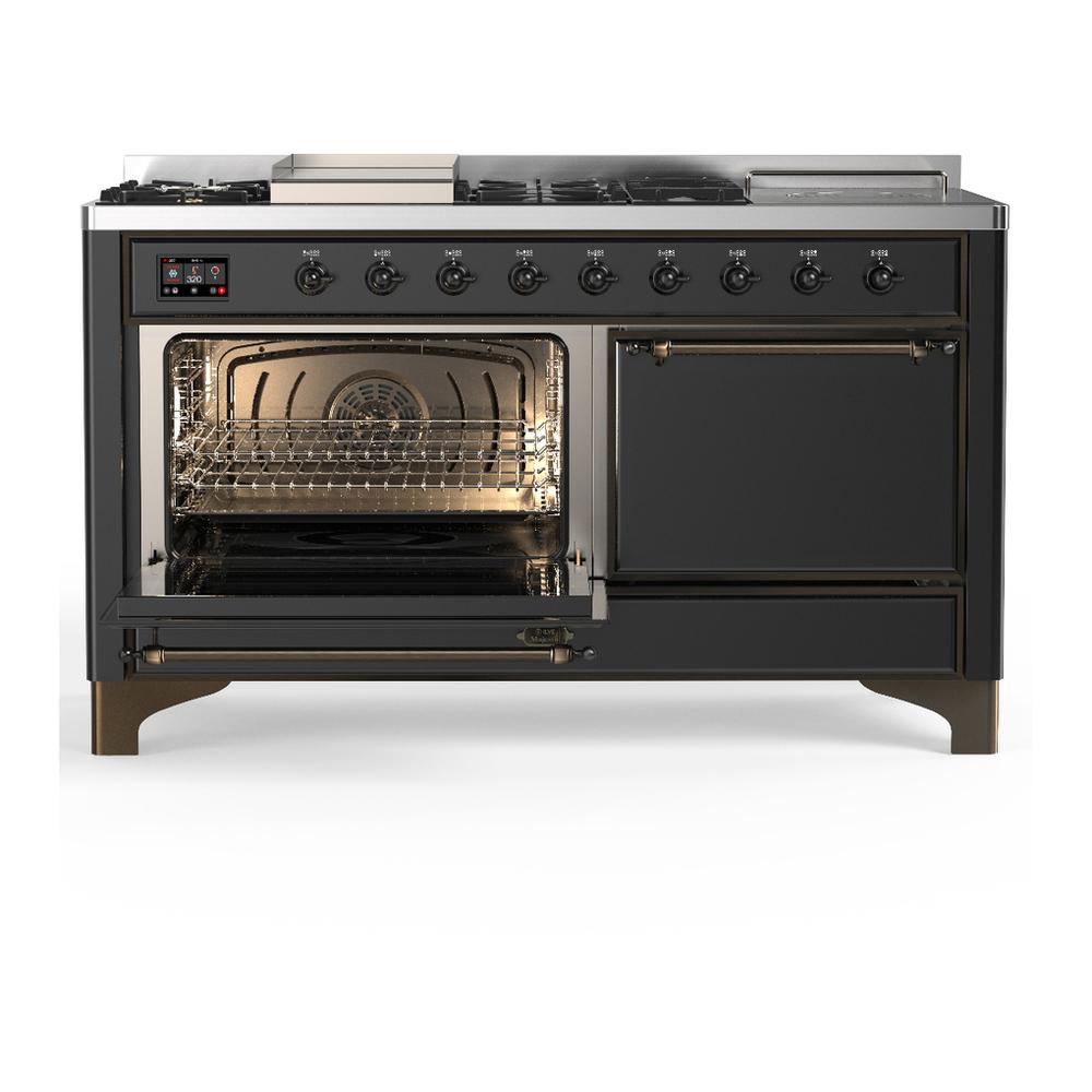 Ilve UM60FSQNR3MGBLP Ilve Um60Fsqnr3Mgblp Majestic Iii 60 Inch Dual Fuel Range With 7 Burners, Griddle And French Top, Dual Function Burner With Up To 25,000 Btu (Liquid Propane, Solid Door, Graphite Matte, Burnished)