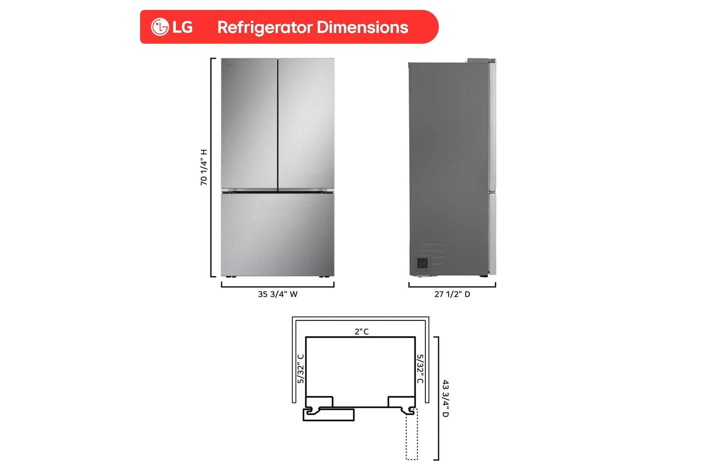 Lg LF25Z6211S 25 Cu. Ft. Counter-Depth Max&#8482; With Zero Clearance&#8482; 3-Door French Door Refrigerator With Thin Door Design