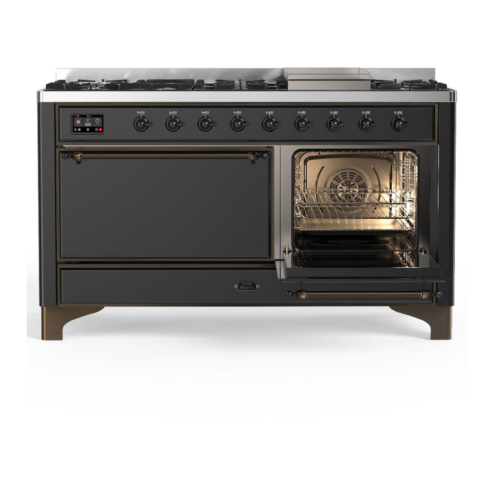 Ilve UM60FQNR3MGB Ilve Um60Fqnr3Mgb Majestic Iii 60 Inch Dual Fuel Range With 9 Burners And Griddle, Dual Function Burner Up To 25,000 Btu (Natural Gas, Solid Door, Graphite Matte, Burnished)