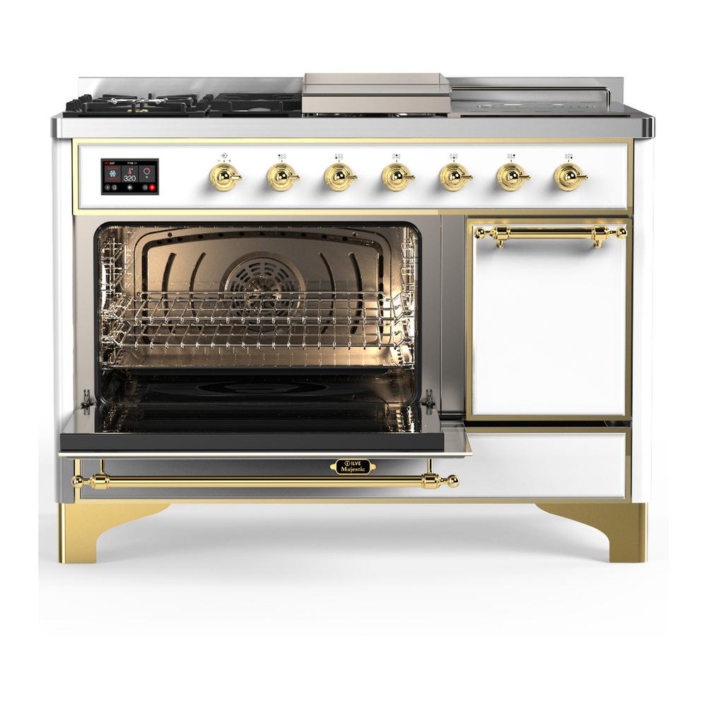 Ilve UM48FSQNR3WHGLP Ilve Um48Fsqnr3Whglp Majestic Iii 48 Inch Dual Fuel Range With 5 Black Brass Burners, Griddle And French Top, Dual Function Burner Up To 25,000 Btu (Liquid Propane, Solid Door, White, Brass)