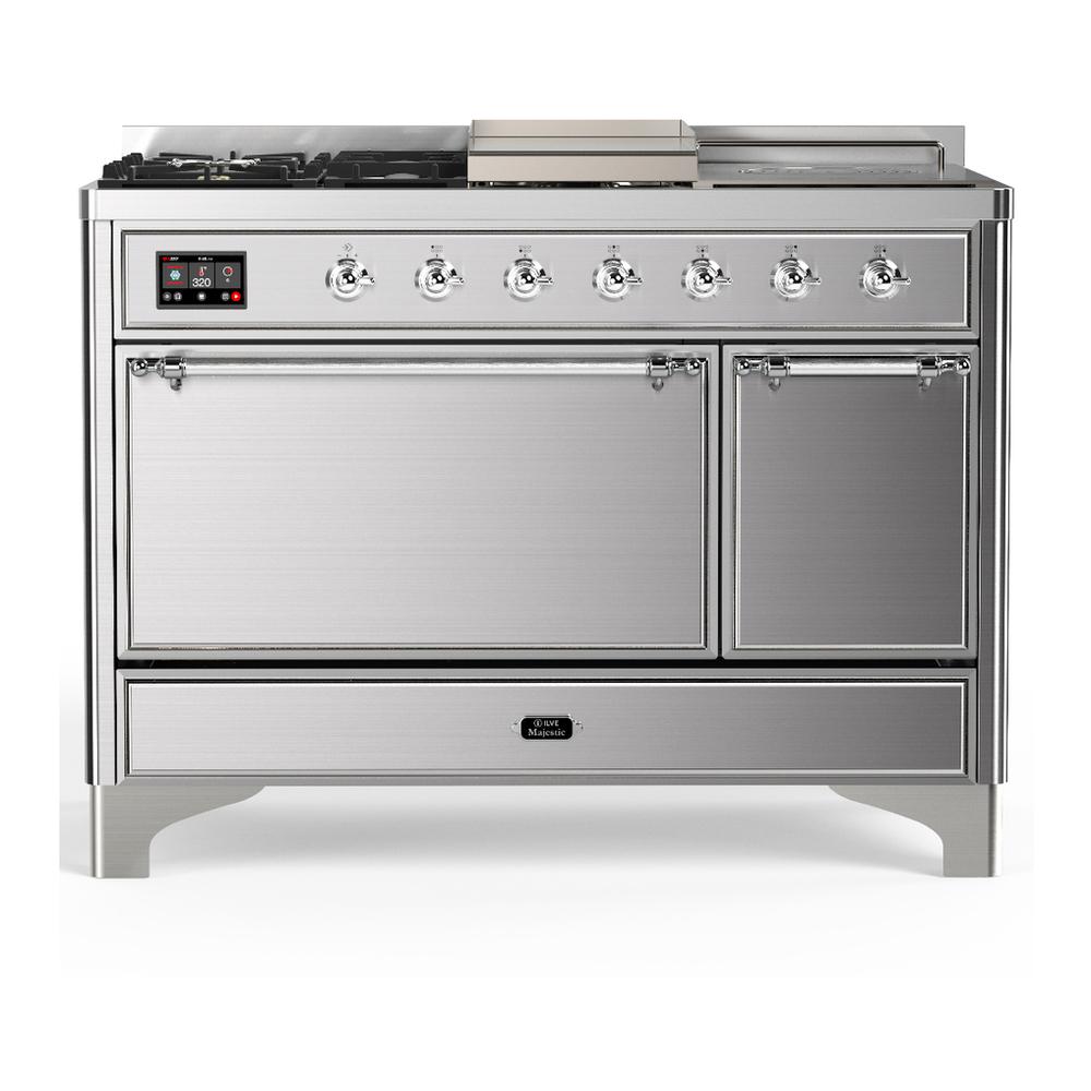 Ilve UM48FSQNR3SSCLP Ilve Um48Fsqnr3Ssclp Majestic Iii 48 Inch Dual Fuel Range With 5 Black Brass Burners, Griddle And French Top, Dual Function Burner Up To 25,000 Btu (Liquid Propane, Solid Door, Stainless Steel, Chrome)