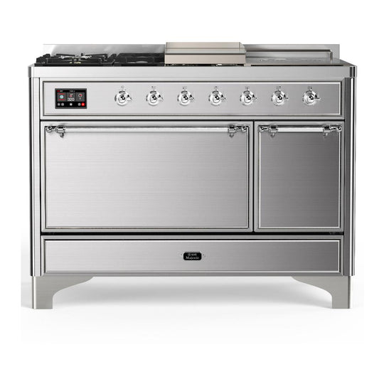 Ilve UM48FSQNR3SSCLP Ilve Um48Fsqnr3Ssclp Majestic Iii 48 Inch Dual Fuel Range With 5 Black Brass Burners, Griddle And French Top, Dual Function Burner Up To 25,000 Btu (Liquid Propane, Solid Door, Stainless Steel, Chrome)