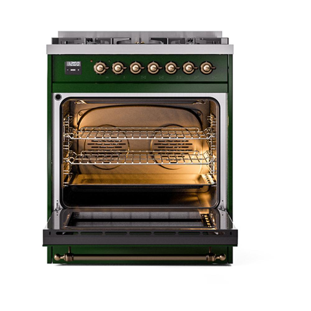 Ilve UN30QNMPEGBLP Ilve Un30Qnmpegblp Nostalgie Ii Noblesse 30" Dual Fuel Range (Liquid Propane, Solid Door, Emerald Green, Burnished)