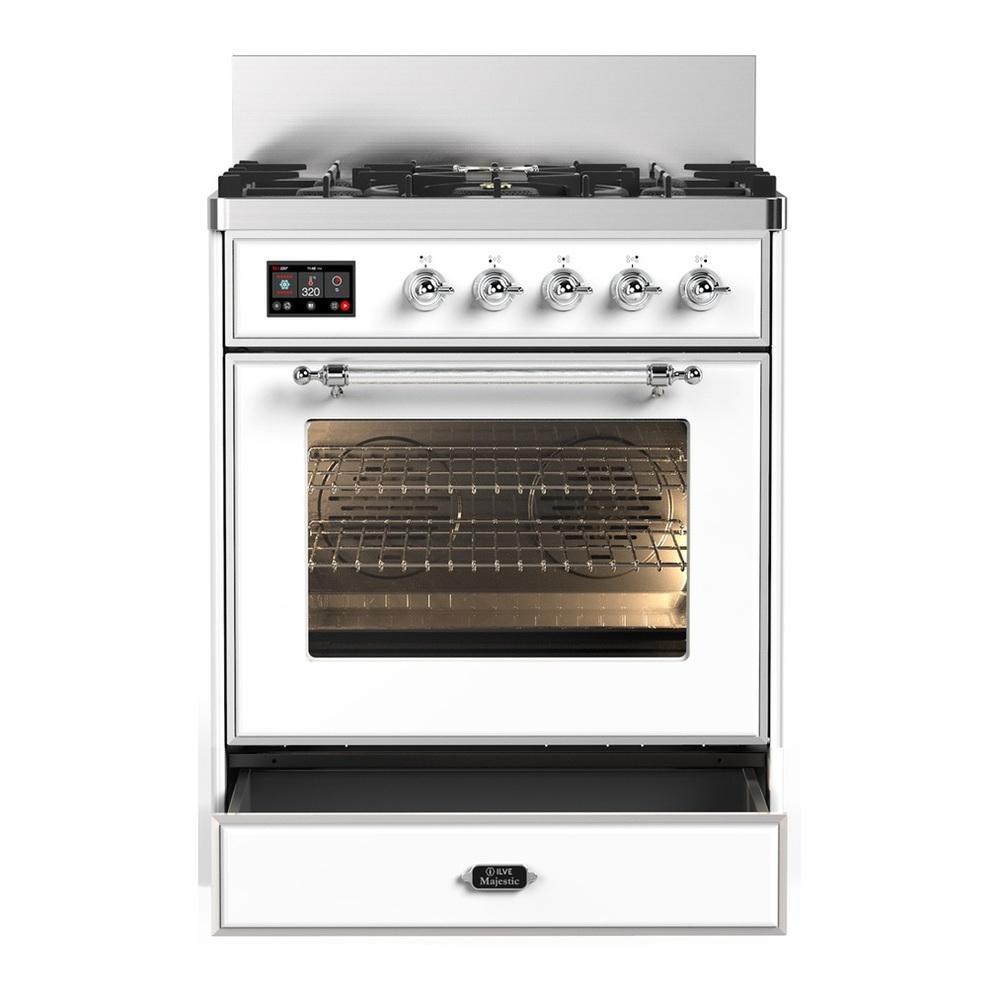 Ilve UM30NR3WHCLP Ilve Um30Nr3Whclp Majestic Iii 30 Inch Dual Fuel Range With 5 Black Brass Burners, Dual Function Burner Up To 25,000 Btu (Liquid Propane, Triple Glass Door, White, Chrome)