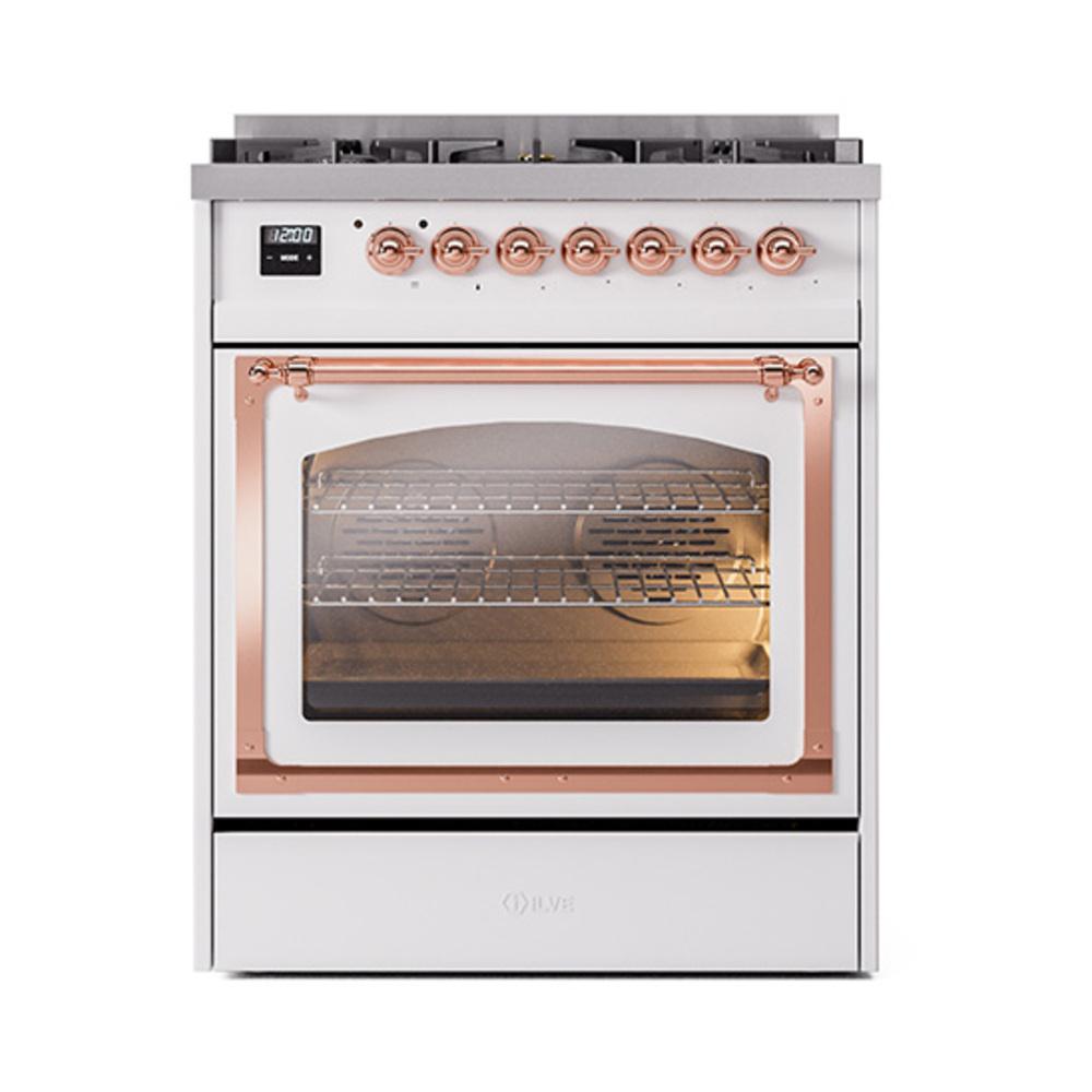 Ilve UN30NMPWHP Ilve Un30Nmpwhp Nostalgie Ii Noblesse 30" Dual Fuel Range (Natural Gas, Triple Glass Door, White, Copper)