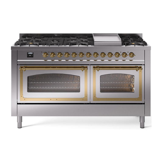 Ilve UN60FNMPSSGLP Ilve Un60Fnmpssglp Nostalgie Ii Noblesse 60" Dual Fuel Range (9 Sealed Burners + Griddle, Liquid Propane, Triple Glass Door, Stainless Steel, Brass)