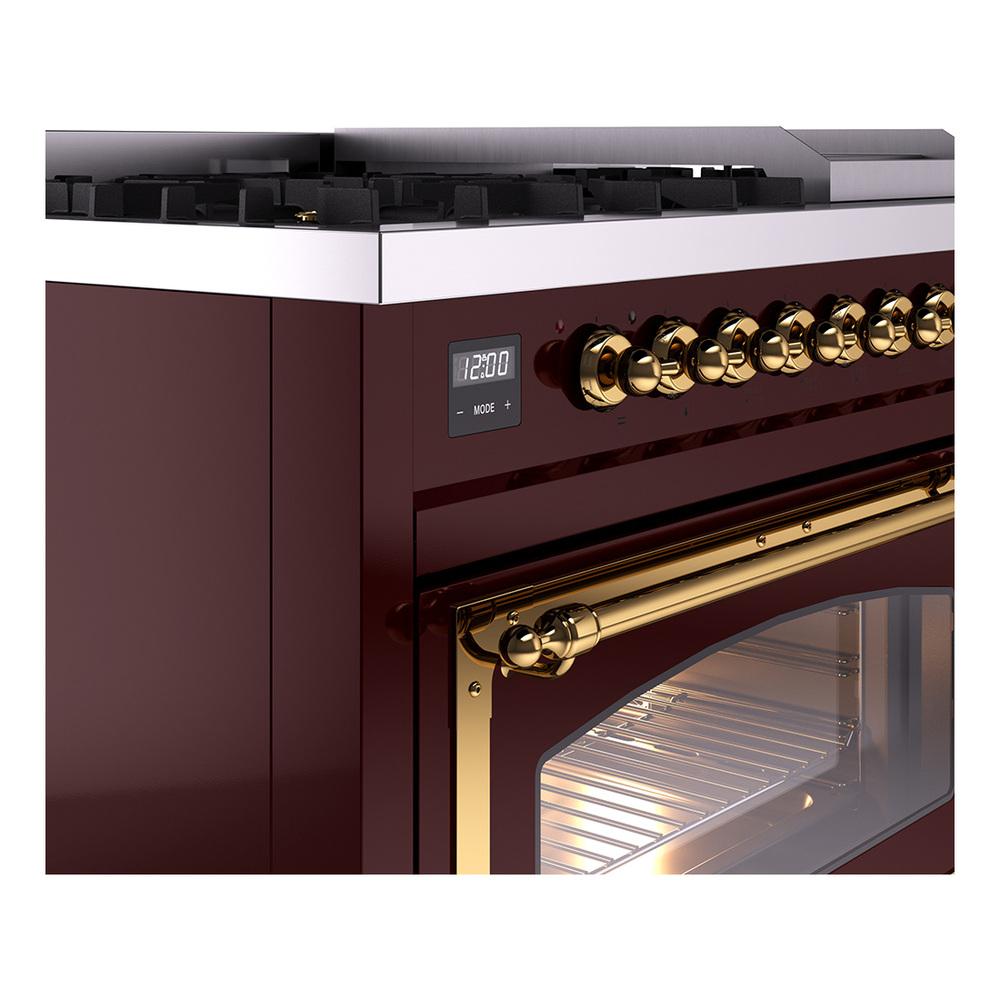 Ilve UN48FNMPBUGLP Ilve Un48Fnmpbuglp Nostalgie Ii Noblesse 48" Dual Fuel Range (8 Sealed Burners + Griddle, Liquid Propane, Triple Glass Door, Burgundy, Brass)