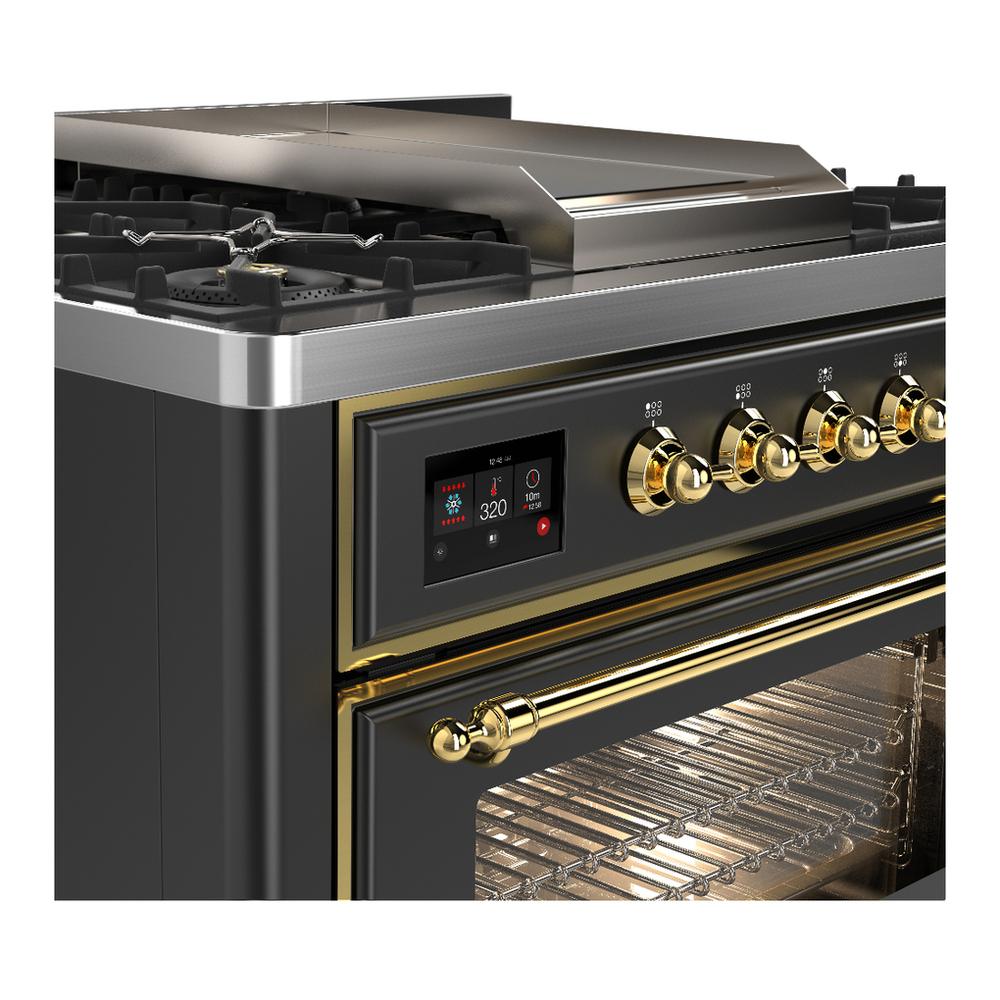 Ilve UM36FNR3MGG Ilve Um36Fnr3Mgg Majestic Iii 36 Inch Dual Fuel Range With 6 Black Brass Burners And Griddle, Dual Function Burner Up To 25,000 Btu (Triple Glass Door, Graphite Matte, Brass, Natural Gas)
