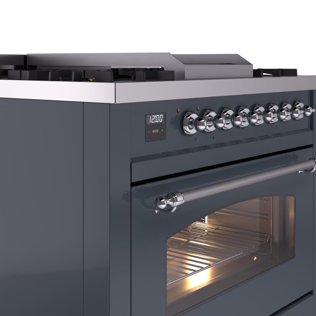 Ilve UP36FNMPBGC Nostalgie Ii 36 Inch Dual Fuel Natural Gas Freestanding Range In Blue Grey With Chrome Trim