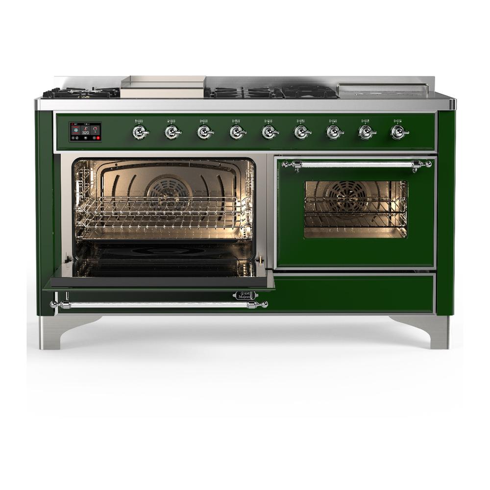 Ilve UM60FSNR3EGC Ilve Um60Fsnr3Egc Majestic Iii 60 Inch Dual Fuel Range With 7 Burners, Griddle And French Top, Dual Function Burner With Up To 25,000 Btu (Natural Gas, Triple Glass Door, Emerald Green, Chrome)