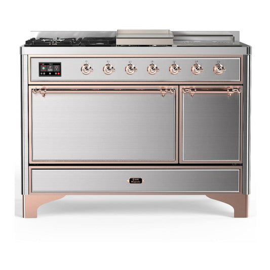 Ilve UM48FSQNR3SSP Ilve Um48Fsqnr3Ssp Majestic Iii 48 Inch Dual Fuel Range With 5 Black Brass Burners, Griddle And French Top, Dual Function Burner Up To 25,000 Btu (Natural Gas, Solid Door, Stainless Steel, Copper)