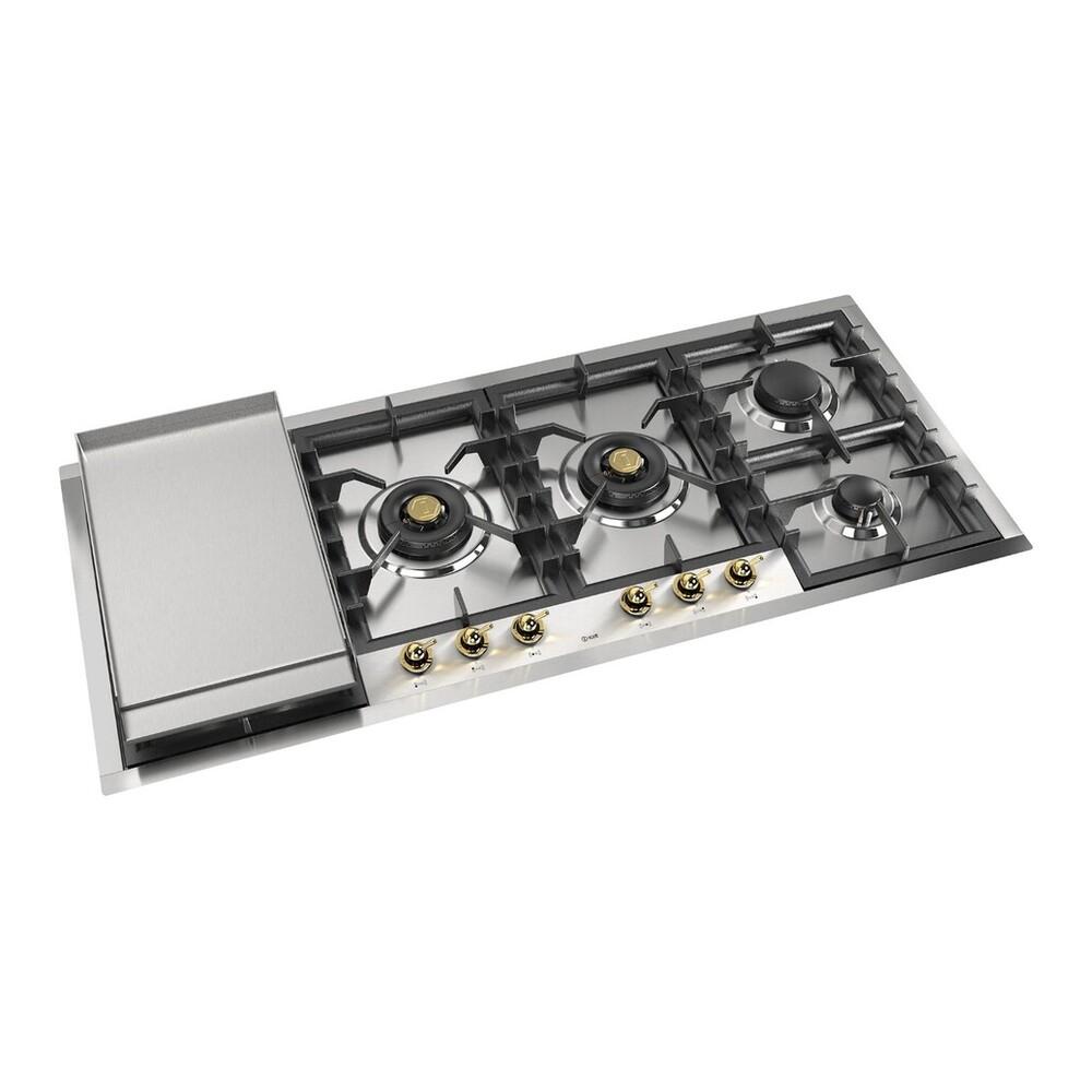 Ilve UHCPT125FNSSGLP Ilve Uhcpt125Fnssglp Nostalgie Ii 48 Inch Built-In Gas Cooktop With Total Black Brass Burners, In Stainless Steel (6 Sealed Burners + Left Griddle, Liquid Propane, Brass)