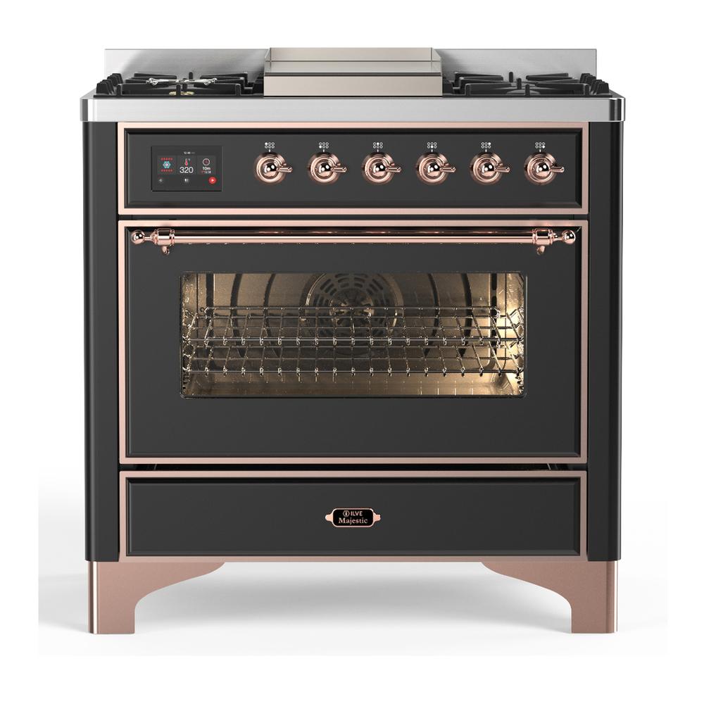 Ilve UM36FNR3MGP Ilve Um36Fnr3Mgp Majestic Iii 36 Inch Dual Fuel Range With 6 Black Brass Burners And Griddle, Dual Function Burner Up To 25,000 Btu (Triple Glass Door, Graphite Matte, Copper, Natural Gas)