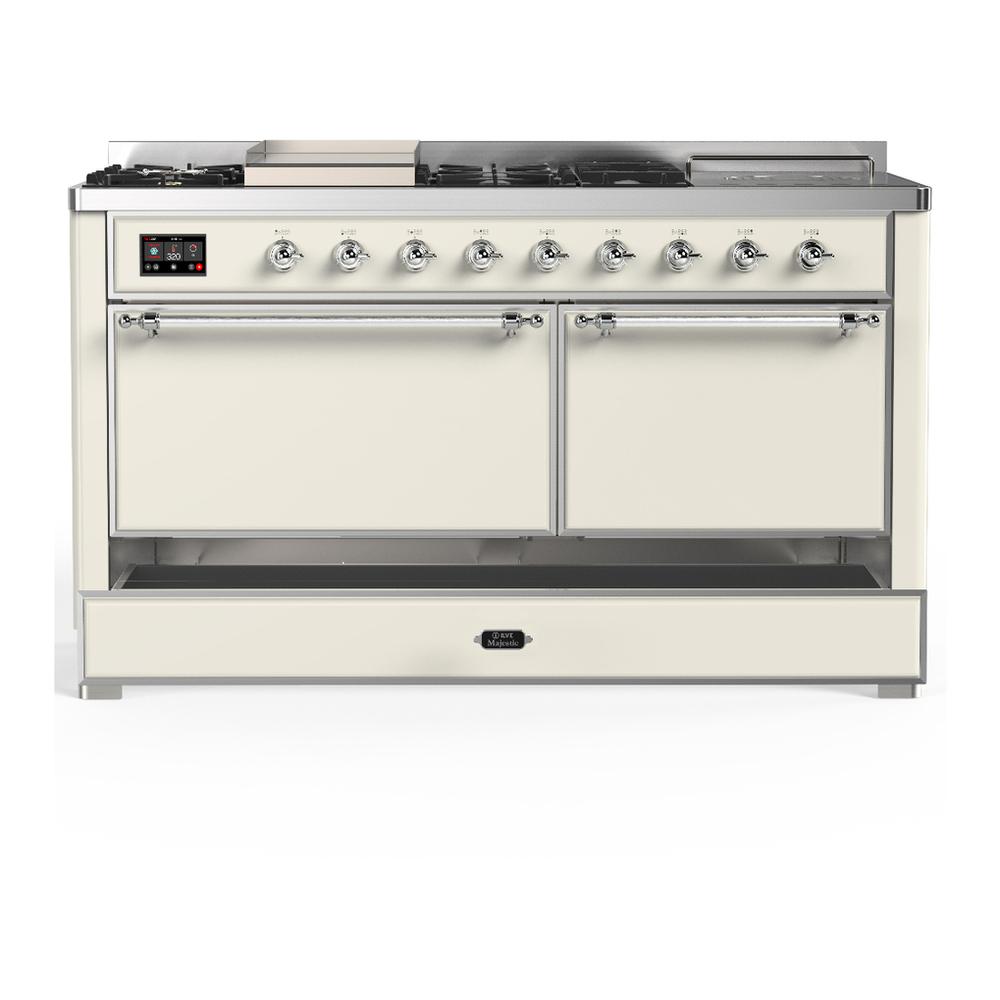 Ilve UM60FSQNR3AWCLP Ilve Um60Fsqnr3Awclp Majestic Iii 60 Inch Dual Fuel Range With 7 Burners, Griddle And French Top, Dual Function Burner With Up To 25,000 Btu (Liquid Propane, Solid Door, Antique White, Chrome)