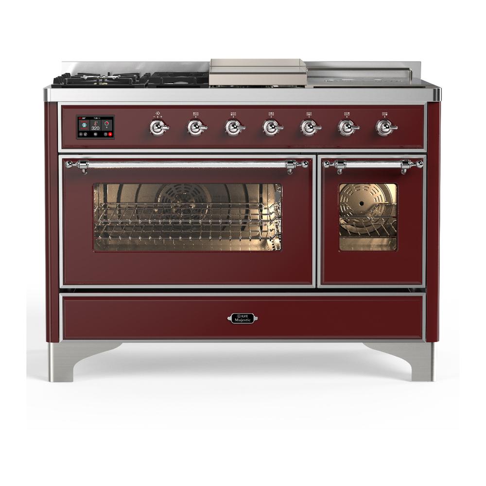 Ilve UM48FSNR3BUC Ilve Um48Fsnr3Buc Majestic Iii 48 Inch Dual Fuel Range With 5 Black Brass Burners, Griddle And French Top, Dual Function Burner Up To 25,000 Btu (Natural Gas, Triple Glass Door, Burgundy, Chrome)