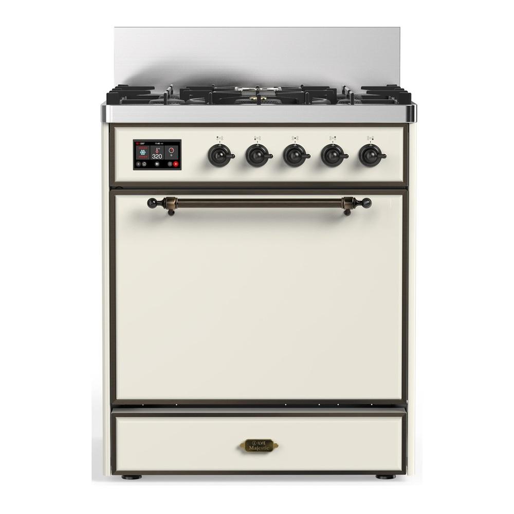 Ilve UM30QNR3AWBLP Ilve Um30Qnr3Awblp Majestic Iii 30 Inch Dual Fuel Range With 5 Black Brass Burners, Dual Function Burner Up To 25,000 Btu (Liquid Propane, Solid Door, Antique White, Burnished)