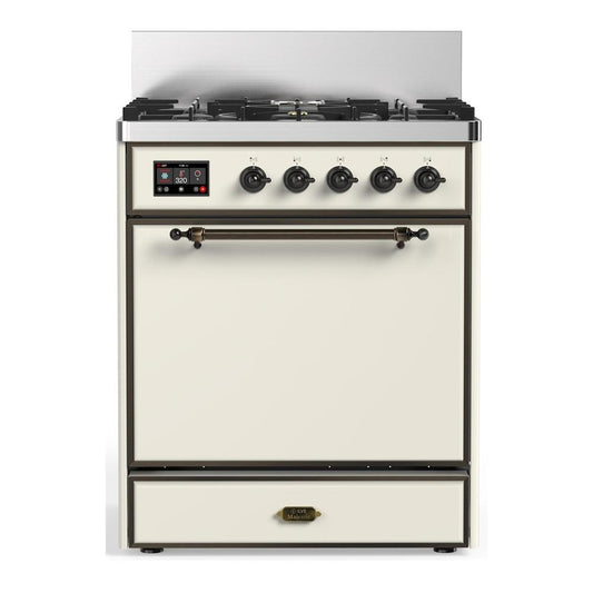 Ilve UM30QNR3AWBLP Ilve Um30Qnr3Awblp Majestic Iii 30 Inch Dual Fuel Range With 5 Black Brass Burners, Dual Function Burner Up To 25,000 Btu (Liquid Propane, Solid Door, Antique White, Burnished)