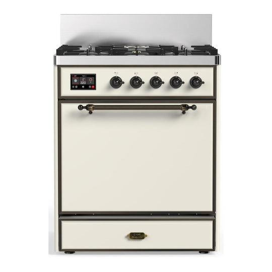 Ilve UM30QNR3AWBLP Ilve Um30Qnr3Awblp Majestic Iii 30 Inch Dual Fuel Range With 5 Black Brass Burners, Dual Function Burner Up To 25,000 Btu (Liquid Propane, Solid Door, Antique White, Burnished)