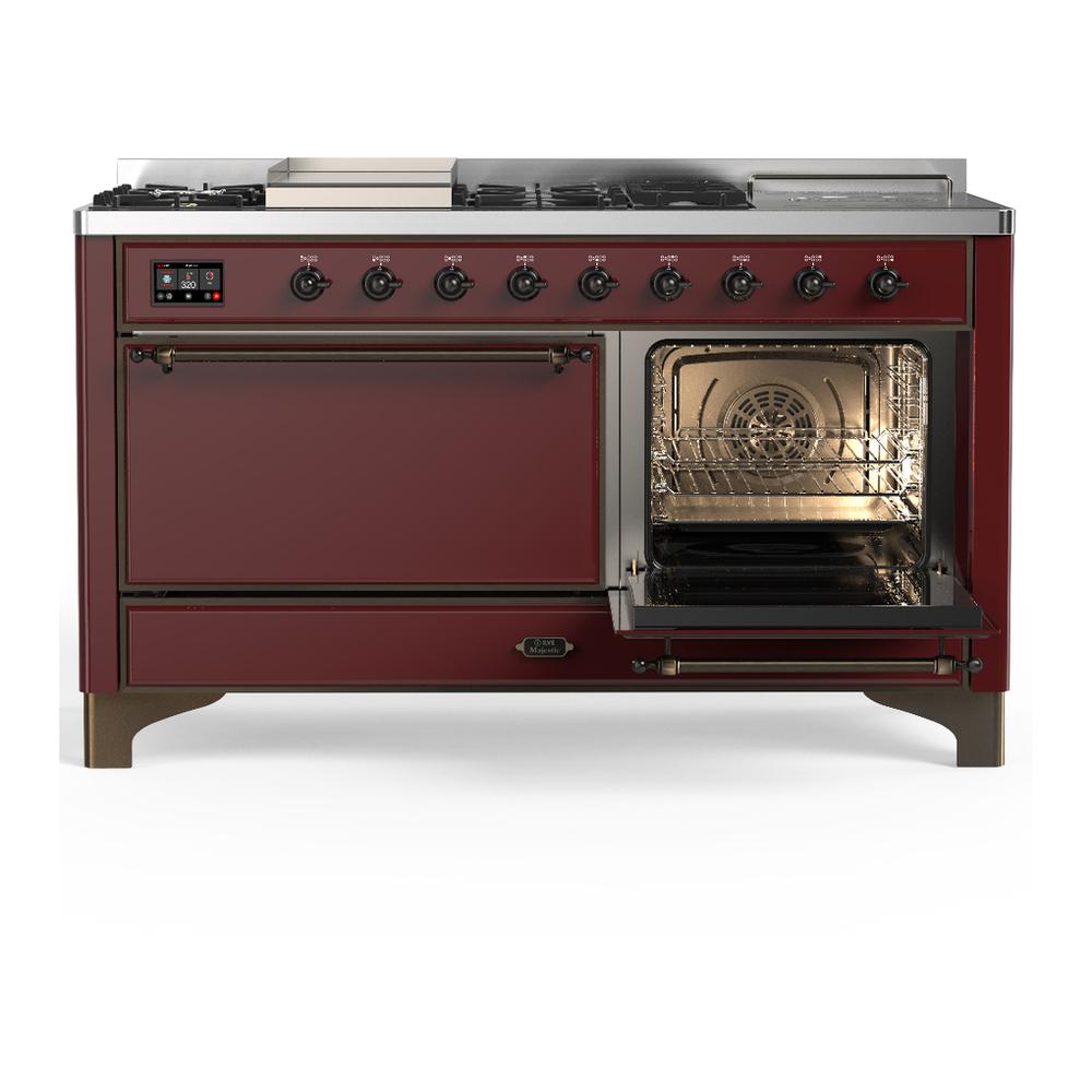Ilve UM60FSQNR3BUB Ilve Um60Fsqnr3Bub Majestic Iii 60 Inch Dual Fuel Range With 7 Burners, Griddle And French Top, Dual Function Burner With Up To 25,000 Btu (Natural Gas, Solid Door, Burgundy, Burnished)