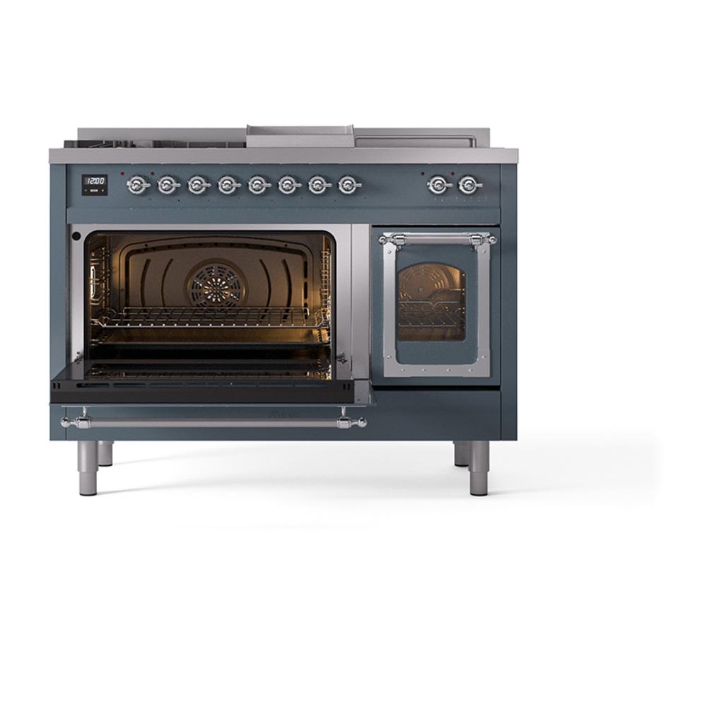 Ilve UN48FSNMPBGCLP Ilve Un48Fsnmpbgclp Nostalgie Ii Noblesse 48" Dual Fuel Range (5 Sealed Burners + Griddle + French Top, Liquid Propane, Triple Glass Door, Blue Grey, Chrome)