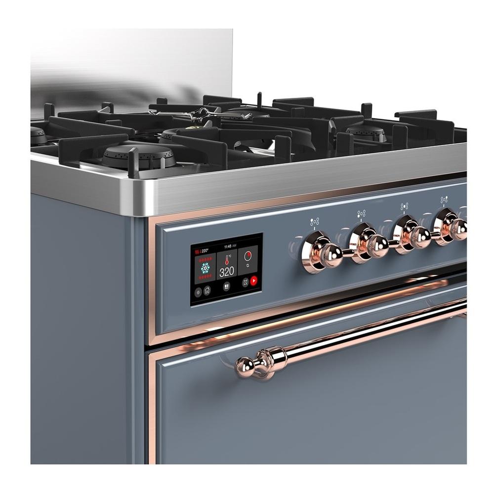 Ilve UM30QNR3BGPLP Ilve Um30Qnr3Bgplp Majestic Iii 30 Inch Dual Fuel Range With 5 Black Brass Burners, Dual Function Burner Up To 25,000 Btu (Liquid Propane, Solid Door, Blue Grey, Copper)