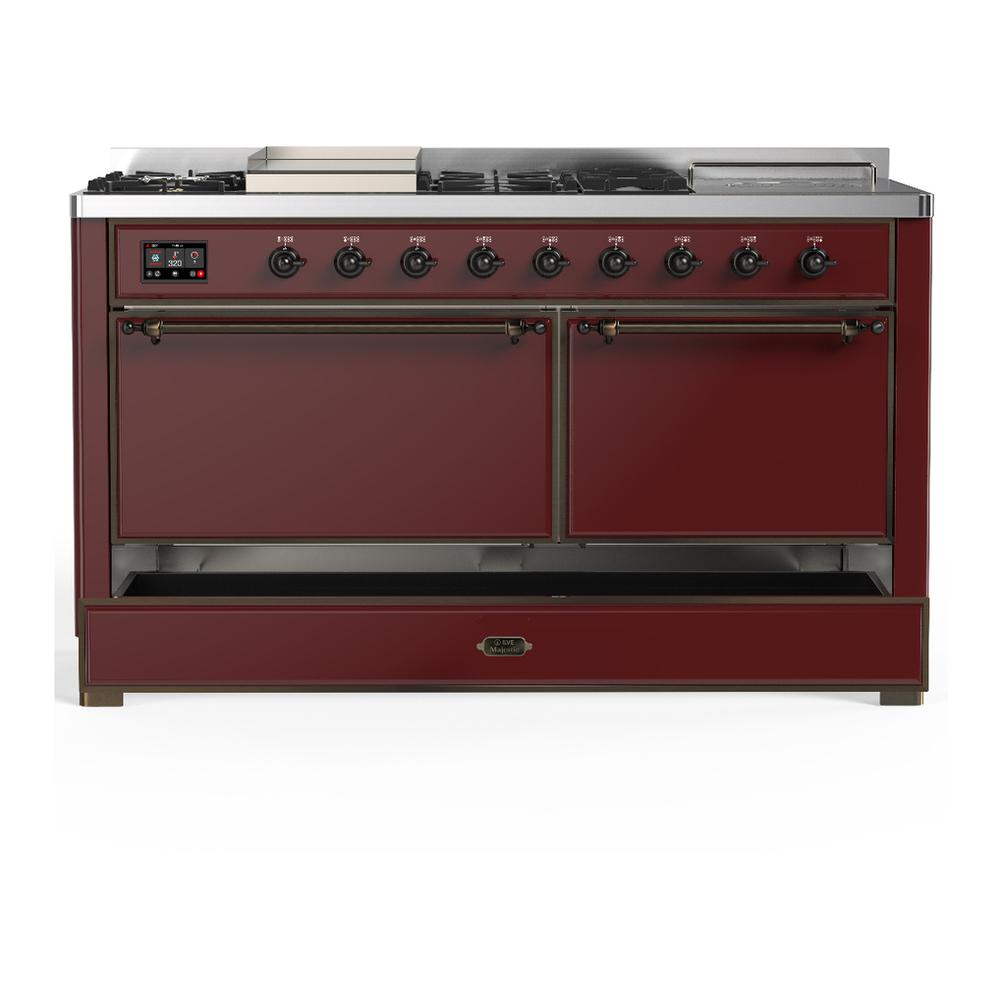 Ilve UM60FSQNR3BUBLP Ilve Um60Fsqnr3Bublp Majestic Iii 60 Inch Dual Fuel Range With 7 Burners, Griddle And French Top, Dual Function Burner With Up To 25,000 Btu (Liquid Propane, Solid Door, Burgundy, Burnished)