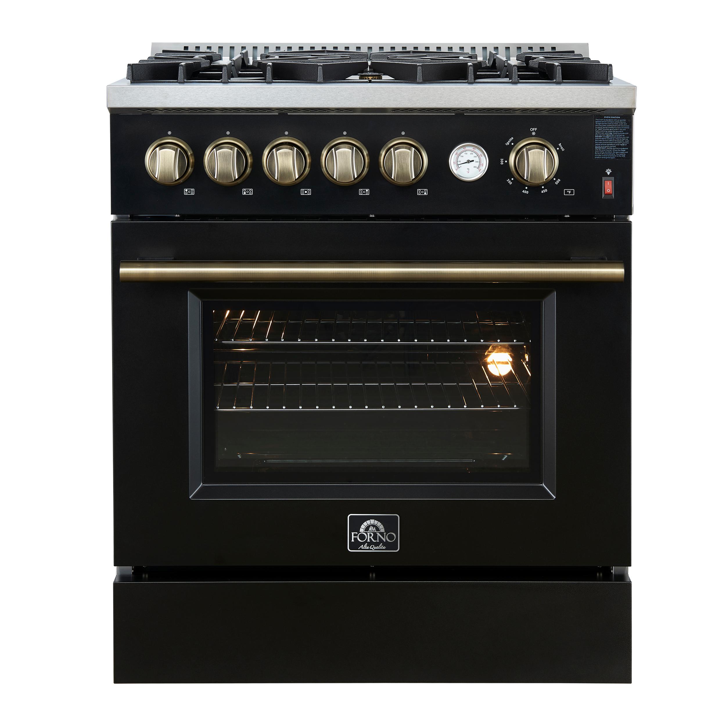 Forno FFSGS627430BLK Giovanni 30-Inch Gas Range Black & Antique Brass Design, 5 Burners 67,000 Btu, 4.32 Cu.Ft. Convection Oven