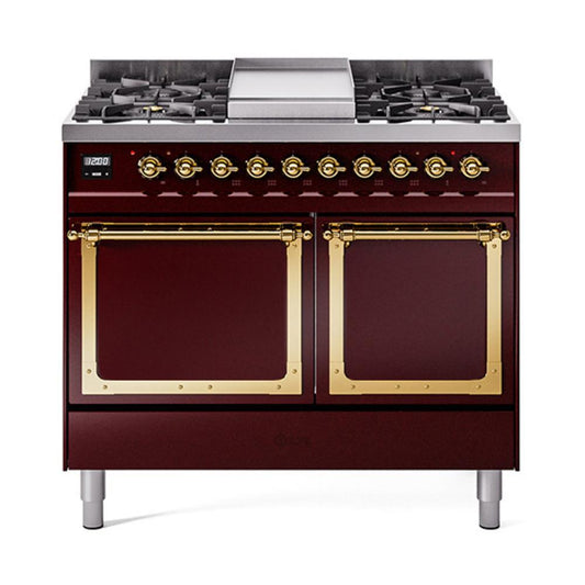 Ilve UND40FQNMPBUG Ilve Und40Fqnmpbug Nostalgie Ii Noblesse 40" Dual Fuel Range (Natural Gas, Solid Door, Burgundy, Brass)