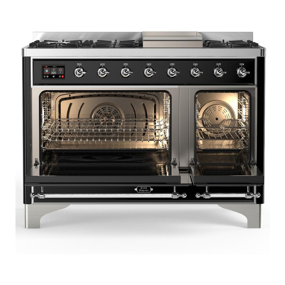 Ilve UM48FQNR3BKC Ilve Um48Fqnr3Bkc Majestic Iii 48 Inch Dual Fuel Range With 8 Burners And Griddle, Dual Function Burner Up To 25,000 Btu (Natural Gas, Solid Door, Glossy Black, Chrome)