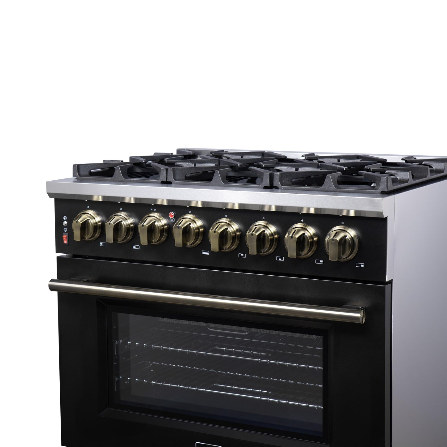 Forno FFSGS612536BLK Forno Massimo 36 Inch Freestanding Dual Fuel Range In Black With Antique Brass Accessories, 6 Burners, 5.36 Cu. Ft. Convection Oven