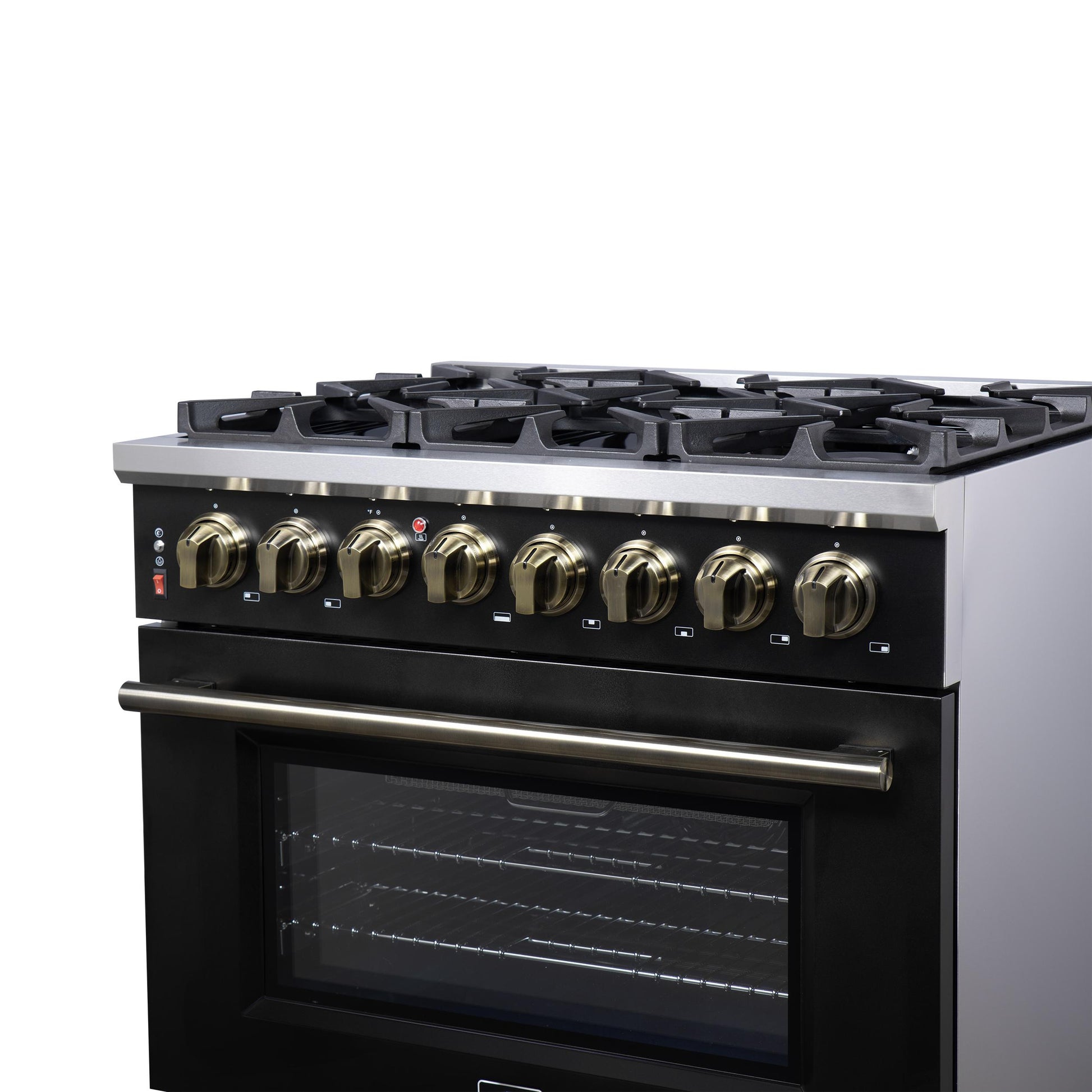 Forno FFSGS612536BLK Forno Massimo 36 Inch Freestanding Dual Fuel Range In Black With Antique Brass Accessories, 6 Burners, 5.36 Cu. Ft. Convection Oven