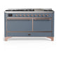 Ilve UM60FQNR3BGPLP Ilve Um60Fqnr3Bgplp Majestic Iii 60 Inch Dual Fuel Range With 9 Burners And Griddle, Dual Function Burner Up To 25,000 Btu (Liquid Propane, Solid Door, Blue Grey, Copper)