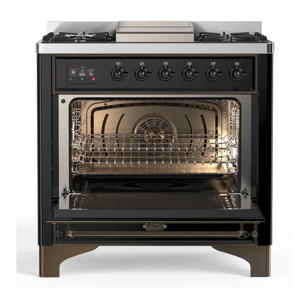 Ilve UM36FQNR3BKBLP Ilve Um36Fqnr3Bkblp Majestic Iii 36 Inch Dual Fuel Range With 6 Black Brass Burners And Griddle, Dual Function Burner Up To 25,000 Btu (Solid Door, Glossy Black, Burnished, Liquid Propane)