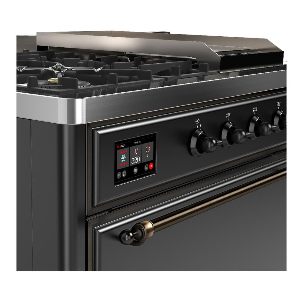 Ilve UM48FSQNR3MGB Ilve Um48Fsqnr3Mgb Majestic Iii 48 Inch Dual Fuel Range With 5 Black Brass Burners, Griddle And French Top, Dual Function Burner Up To 25,000 Btu (Natural Gas, Solid Door, Graphite Matte, Burnished)