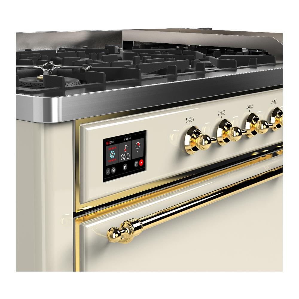 Ilve UM60FQNR3AWG Ilve Um60Fqnr3Awg Majestic Iii 60 Inch Dual Fuel Range With 9 Burners And Griddle, Dual Function Burner Up To 25,000 Btu (Natural Gas, Solid Door, Antique White, Brass)
