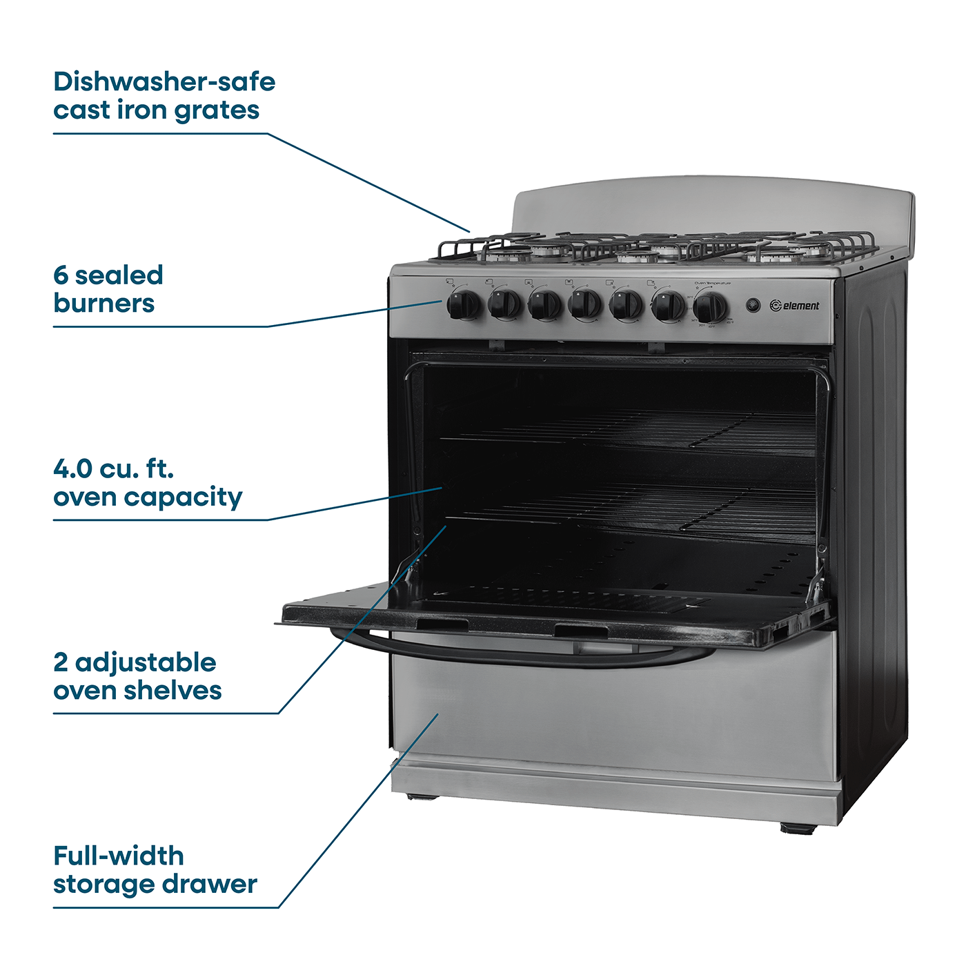Element Appliance EEGR3A6MCCS Element Electronics 4.0 Cu. Ft. 30", 6-Burner Gas Range (Eegr3A6Mccs)
