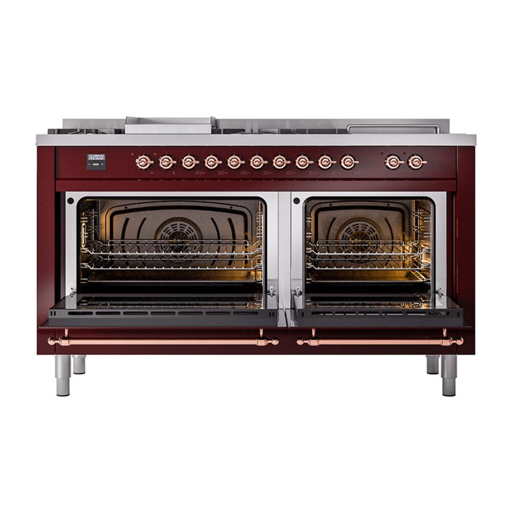 Ilve UN60FSQNMPBUP Ilve Un60Fsqnmpbup Nostalgie Ii Noblesse 60" Dual Fuel Range (7 Sealed Burners + Griddle + French Top, Natural Gas, Solid Door, Burgundy, Copper)