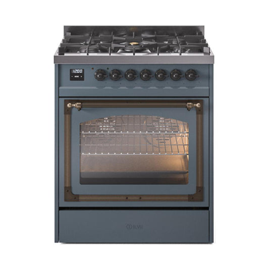 Ilve UN30NMPBGBLP Ilve Un30Nmpbgblp Nostalgie Ii Noblesse 30" Dual Fuel Range (Liquid Propane, Triple Glass Door, Blue Grey, Burnished)