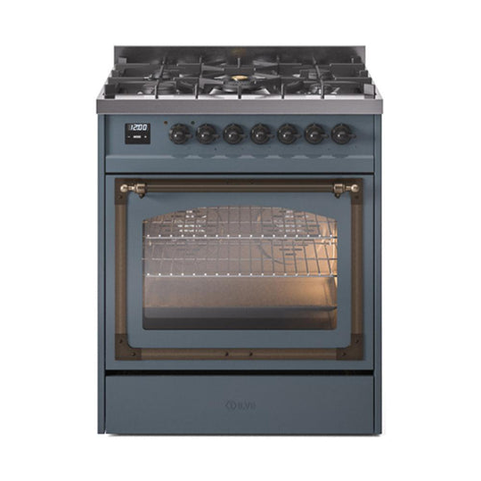 Ilve UN30NMPBGBLP Ilve Un30Nmpbgblp Nostalgie Ii Noblesse 30" Dual Fuel Range (Liquid Propane, Triple Glass Door, Blue Grey, Burnished)