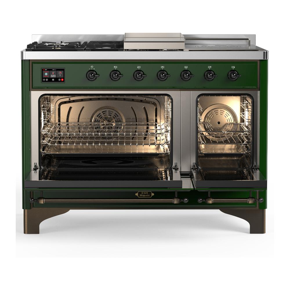 Ilve UM48FSNR3EGB Ilve Um48Fsnr3Egb Majestic Iii 48 Inch Dual Fuel Range With 5 Black Brass Burners, Griddle And French Top, Dual Function Burner Up To 25,000 Btu (Natural Gas, Triple Glass Door, Emerald Green, Burnished)