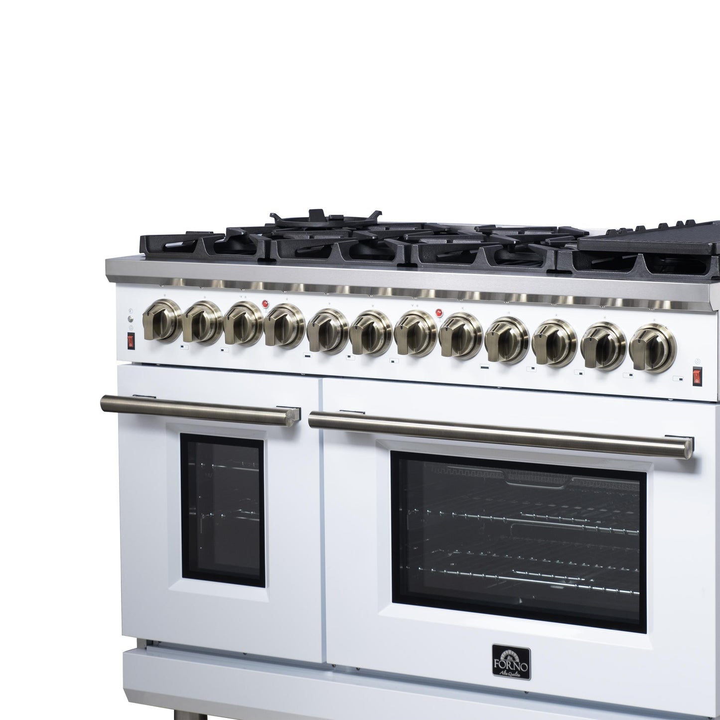 Forno FFSGS612548WHT Forno Massimo 48 Inch Freestanding Dual Fuel Range In White With Antique Brass Accessories, 8 Burners, 6.58 Cu. Ft. Convection Oven
