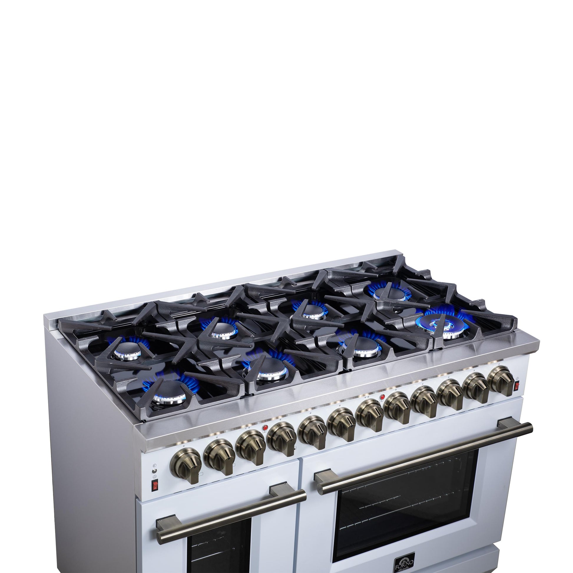 Forno FFSGS612548WHT Forno Massimo 48 Inch Freestanding Dual Fuel Range In White With Antique Brass Accessories, 8 Burners, 6.58 Cu. Ft. Convection Oven