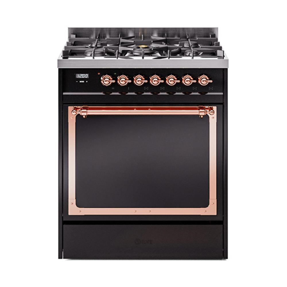 Ilve UN30QNMPBKPLP Ilve Un30Qnmpbkplp Nostalgie Ii Noblesse 30" Dual Fuel Range (Liquid Propane, Solid Door, Glossy Black, Copper)